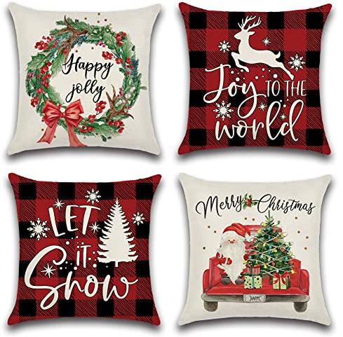 Sungeek 4er Set Weihnachten Kissenbezüge, Leinen Dekorative Zierkissenbezüge Plaid Weihnachtsmann Deko Kissenhülle für Sofa Couch Schlafzimmer Wohnzimmer (50x50 cm, Rot LKW)