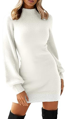 GRECERELLE Womens Jumper Dress Winter Mock Neck Long Sleeve Bodycon Knit Pullover Jumpers Ladies Mini Sweater Dresses (White, M)
