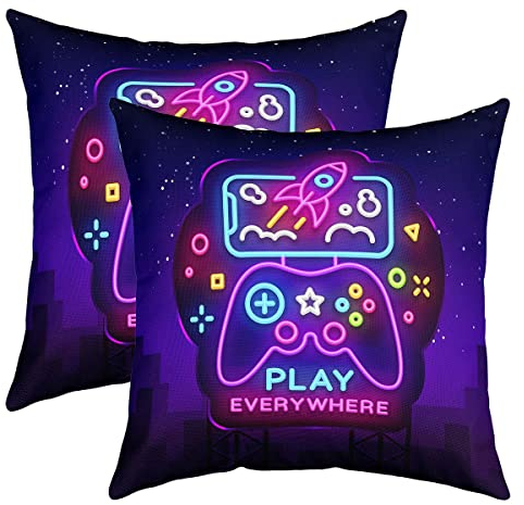 Homewish Gaming Kissenbezüge 40x40 2er Set, Morden Gamer Wurfkissenbezüge für Draußen Camping, Sternenhimmel Videospiel, Ombre Neon Gamepad Dekorative Akzent, Lila