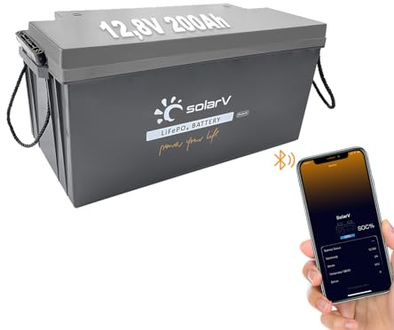 SolarV Batteria LiFePO4 12V 200Ah con BMS e Bluetooth per sistema solare, camper, barca, casa, campeggio