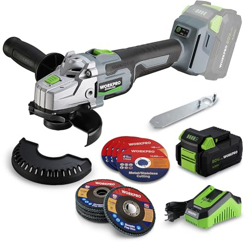 WORKPRO Cordless Angle Grinder, 20V Brushless Grinder with 4.0Ah Battery and Fast Charger, 4-1/2 Inch Dics, 8500RPM Brushless Motor Electric Grinder Power Tools for Metal and Wood