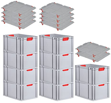 PROREGAL SuperSparSet 10x Eurobox NextGen Color mit Auflagedeckel & Schiebeschnappverschlüsse, HxBxT 32x40x60cm, 65L, Griffe rot geschlossen, Verstärkter Boden, Eurobehälter Transportbox