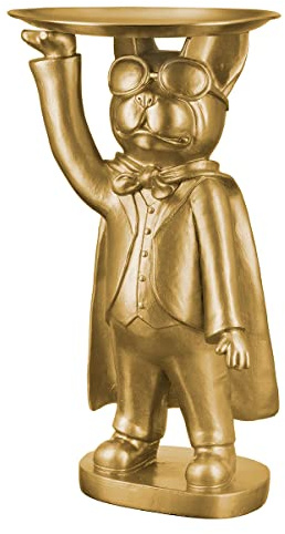 Casablanca Deko Figur Skulptur aus Kunstharz - Hund französiche Bulldogge mit Tablett - Farbe: Gold - Geschenk Tisch Dekoration Schlüsselablage Höhe 31 cm