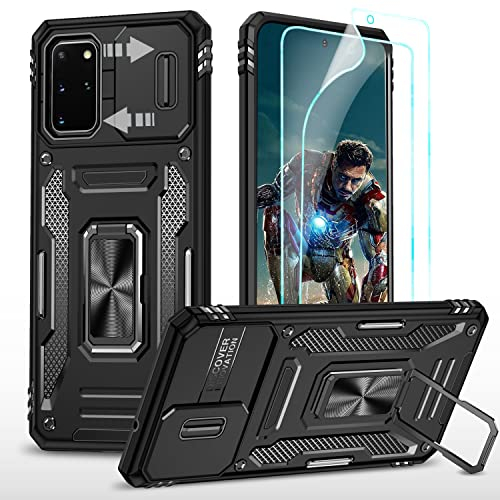 YmhxcY Hülle Für Samsung Galaxy S20 Plus Hülle,*2 Displayschutzfolie,Slide Camera Cover, Militär Grade Schutzhülle, 360°Drehen Metallständer,Für Samsung Galaxy S20 Plus Hülle-Schwarz