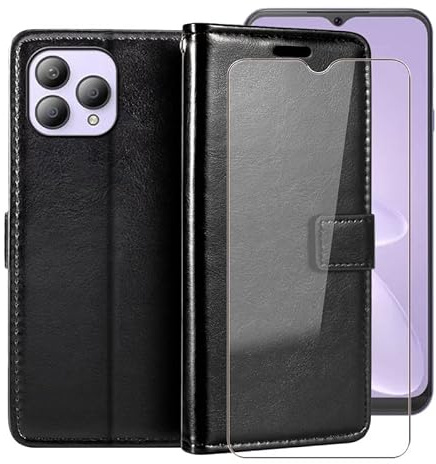 HGJTF Hülle für Cubot P80 (6.58) + Schutzfolie, Flip Leder Handyhülle Cover mit [Kartenfach] [Standfunktion] Schutzhülle Case + Gehärtetem Displayschutzfolie - Black