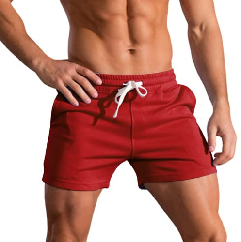 Short de Course pour Homme de 3 Pouces Short de Musculation pour entraînement de Gymnastique Short de Sport en Coton Respirant Rouge 2XL