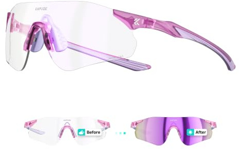 KAPVOE Selbsttönende Fahrradbrille Herren Damen UV400 22g TR90 K108 | Farbwechsel klar zu Dunkel CAT.1-CAT.2, UV400 PC-Scheibe, 22g TR90, verstellbares Silikon-Nasenpad