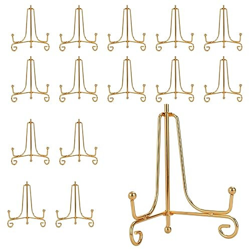 ZOFUN 15 Pcs Folding Plate Holder Stands - Gold Electroplated Iron Picture Stands for Decorative Displays