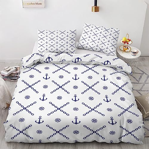 Kinde Bettbezug Set 200x200cm Anker Bettwäsche 200x200 Nautisches Schiff, Ankermuster Bettbezug Set 3 Teilig Mikrofaser WendeBettwäsche Mit Reißverschluss und 2 Kissenbezug 80x80cm