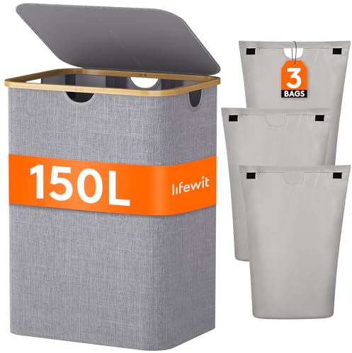 Lifewit 150L Cesto Ropa sucia con Tapa, Grande Cesto para la Ropa sucia, Cubo ropa sucia, 3 Compartimentos, clasificador de Ropa con Asas de bambú y 3 Bolsas para la colada extraíbles, Gris Claro