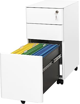 LVSTEEL Rollcontainer, komplett montierter Aktenschrank, rollbarer Aktenschrank mit Schloss, Untertisch-Aktenschrank aus Metall, Aktenschrank für Home Office, mobiler Druckerständer für A4/Aktenordner