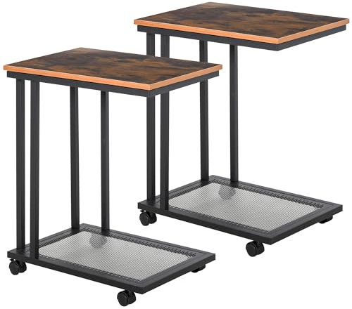HOMCOM Lot de 2 Tables d'appoint, Bout de canapé, Table de lit Mobile roulante Vintage Style Industriel avec Cadre en Acier Coloris boisé