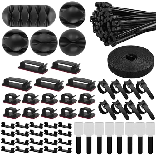 Samulee - Juego de 157 piezas de gestión de cables, juego de soportes para cables con 5 soportes de silicona para cables, 15 clips para cables autoadhesivos, 100 bridas, 20 abrazaderas autoadhesivas