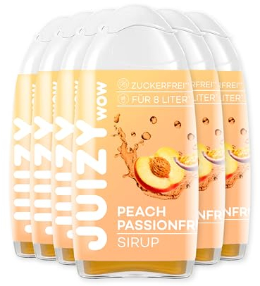JUIZY WOW Sirup Zuckerfrei | 6 x 65ml Peach Passionfruit Geschmack - Bis 72L Natürlicher Getränkesirup | Zero Kalorien | Vegan| Getränkekonzentrat Fertiggetränk | More Juice - Less Calories
