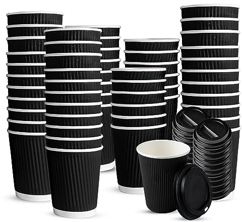 MHC 50 Black Paper Cups Without Lids 8oz Insulated Coffee Cups Disposable Cups for Hot and Cold Drinks Triple Walled Biodegradable Ripple Tea Cups for Home, Café, Work, or Outdoors (50)