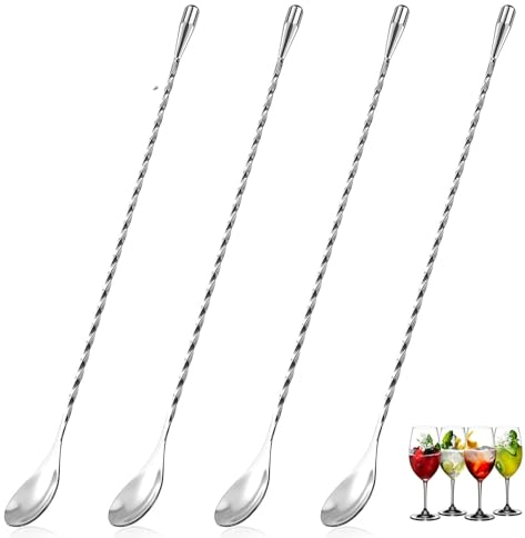 Cuchara para mezclar cócteles de acero inoxidable, cuchara de bar, cuchara para mezclar, agitador largo para martinis, café, bar, coctelera (4 unidades, plateado)