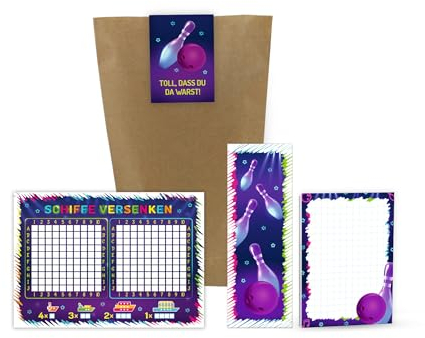 10 Schiffe versenken + 10 Lesezeichen + 10 Notizblöcke + 10 Geschenktüten + 10 Aufkleber Bowling Mitgebsel Kindergeburtstag Mädchen Junge Gastgeschenke für Mädchengeburtstag Jungsgeburtstag