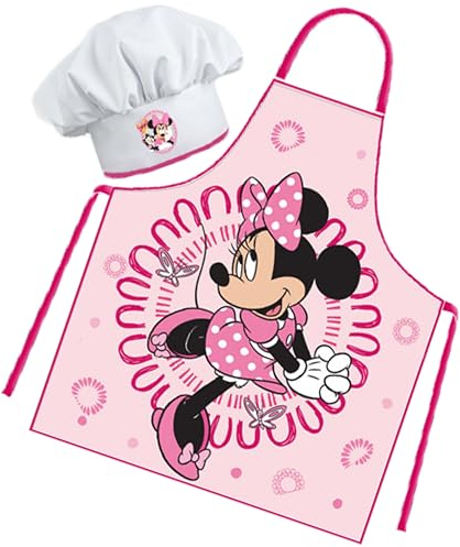 Sorrisini Delantal y Gorro de Cocinero Ajustable para Niños y Niñas - Mandil Infantil de Cocina para Cocinar, Hornear, Pintar - 3-8 Años - Minnie Mouse