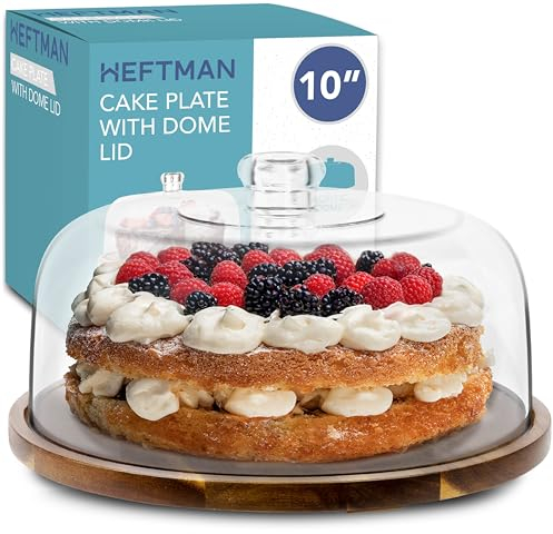 HEFTMAN Cake Stand with Dome Lid - 10 Non-Slip Acacia Wood Cake Stand with Clear Acrylic Dome Cover for Cakes, Pastries, Cheese Boards - Ideal for Birthday, Wedding, Party, Café (Flat)