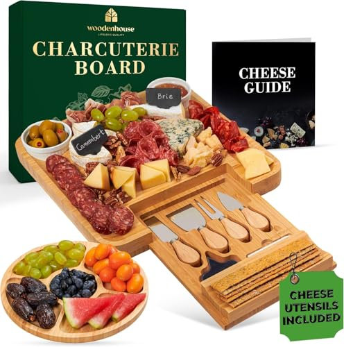 Bamboo Charcuterie Boards Gift Set - Meat and Cheese Tray with Utensils, Fruit Tray, and 2 Sauce Bowls Included - Bamboo Cheese Platter - House Warming Gifts New Home Couples & Family, Wedding Gifts