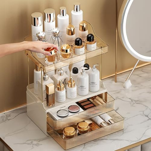 Amber Acrylic Makeup Organizer - 2-Tier 2-Drawer Cosmetic Storage for Women, High Capacity Vanity Tray for Skincare Jewelry, Countertop & Bathroom Decor