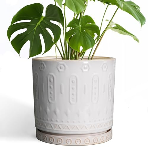 Eightpot Keramik-Pflanztopf – 25,4 cm großer Blumentopf für Innen- und Außenbereich, rund, großer Blumentopf mit Drainagelöchern und Untersetzer, für Haus, Garten, Terrasse, Dekoration, Weiß