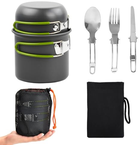 Lunaanda Juego de utensilios de cocina para camping, estufa portátil de camping con cubiertos plegables, juego de cocina ligero para 1-2 personas para camping, senderismo, trekking, picnic, pesca,