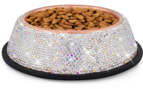 WOOFUU Sparkly Full Rhinestones Designed Rose Gold Stainless Steel Pet Cat Bowl - Stylish and Practical Diamond Food Water Dishes Bowls for Dogs Cats Rabbits and Small Pets