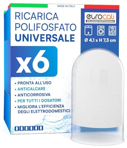 Eurocali Filtro Acqua Potabile Polifosfato in Polvere, 6 Ricariche 1/2 Ø4,1 x 7,3cm, Protezione Anticalcare e Anticorrosiva per Caldaie, Lavatrici ed Elettrodomestici
