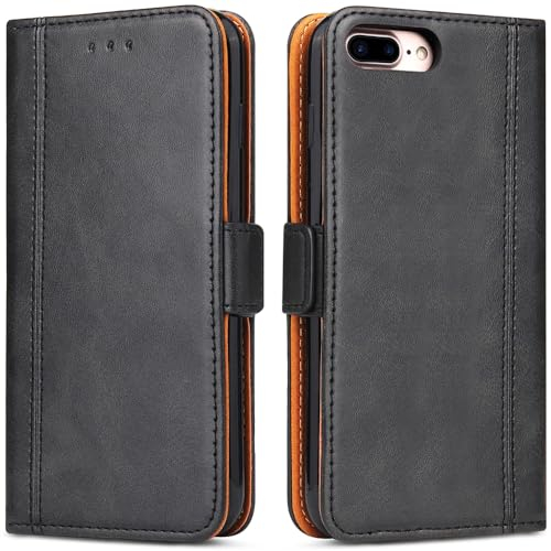 ROJIOJIO Handyhülle für iPhone 7 Plus, iPhone 8 Plus Leder Handytasche Kartenfach Klappständer Magnetisch Lederhülle für iPhone 7 Plus/iPhone 8 Plus Hülle, Schwarz