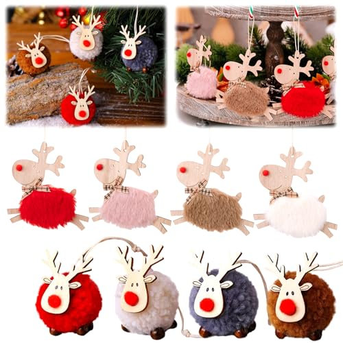 8 Stück Weihnachtsbaum Anhänger, Holz und Filz Hirsch-Elch Anhänger, Rentier Baumschmuck für Weihnachtsdekoration und Party