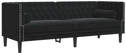 vidaXL Chesterfield Sofa mit Nackenrollen 3-Sitzer, Couch mit Armlehnen Rückenlehne Stützbeine, Polstersofa für Wohnzimmer, Couchgarnitur, Schwarz Samt