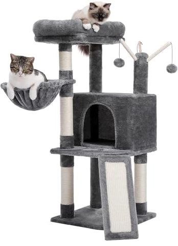 Purpurra Katzenbaum 105cm, mehrstufiger Katzenturm für Hauskatzen, Katzenkletterbaum-Condo mit Sisal überzogenen Kratzpfosten, tiefer Hängematte und interaktivem Katzenspielzeug, Grau (Grau)