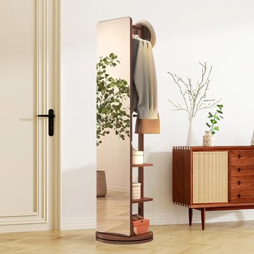 Miroir pleine longueur avec cadre en bois massif pivotant à 360° et crochets pour porte-manteau, miroir sur pied pour salon, chambre à coucher ou vestiaire, couleur noyer