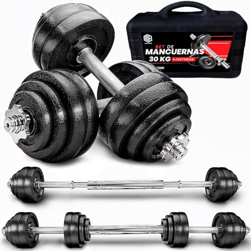 ManiBoom Maletin Pesas y Mancuernas Ajustables de HIERRO ANTIDESLIZANTES - Mancuernas 10kg 15kg 20kg 30kg 40kg 50kg con Barra Regulables y Cierre de SEGURIDAD - Kit de Ejercicio Gym en Casa (30 KG)