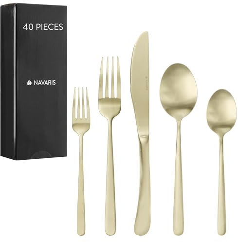 Navaris Silverware Set - 40-Piece 18/0 Stainless Steel Kitchen Cutlery Sets with Satin Champagne Finish - Versatile Dinner Knives and Forks and Spoons Dinner Set for 8 People