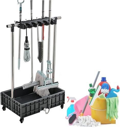 Drain Rack Broom Mop Holder Mobile Mop and Broom Holder Cleaning Supplies for Housekeeping Mop Bucket Cleaning Carts on Wheels Garden Tool Organizer Mop Umbrella Stand (One Color 10 slots 12 hook