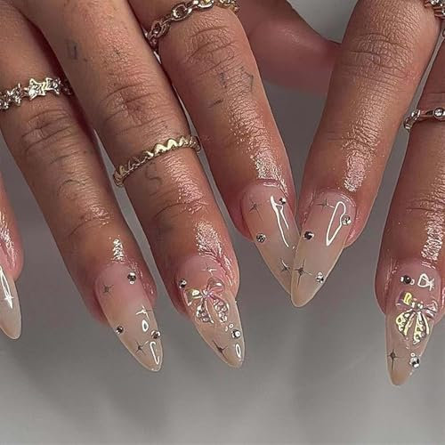 24 Medium Almond False Nails with Rhinestone Butterfly and Star Patterns. Nude Stick Ons with Removable, Full-Cover, Glue Ons. Perfect for Women and Girls As Nail Accessories