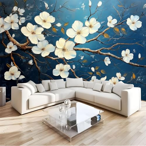 MIATCENRT Peinture À L'Huile Papier Peint Panoramique, Branches Fleurs Blanches 3D Tissu De Soie Murale, 396X280Cm (L×H) Tapisserie Poster Geant Mural, Décoration Murale Chambre Salon Restaurant