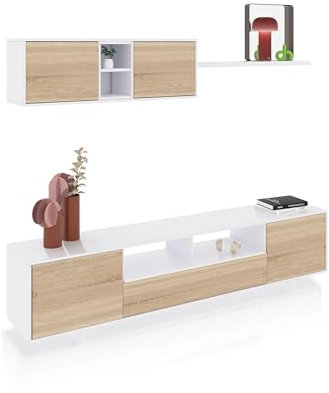 duehome | Mueble de Salon Moderno, Modulos Comedor, Modelo Kenzo, Acabado en Blanco Brillo y Roble Canadian, Medidas: 200 cm (Ancho) x 41 cm (Fondo) x 46 cm (Alto)