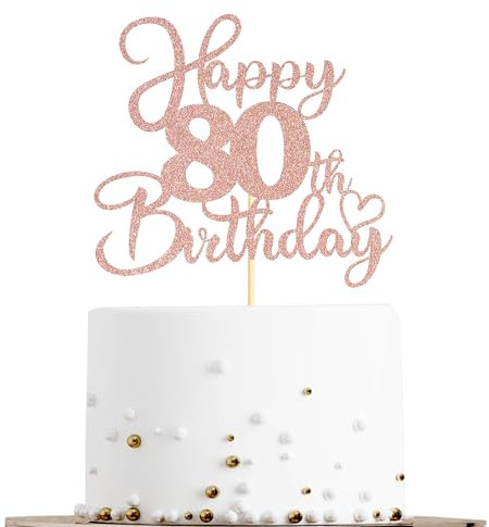 Sotpot 1 Pack 80th Birthday Cake Topper Double-sided Rose Gold Glitter Cake Pick Cake Decoration for Happy 80th Birthday Anniversary Party Decorations