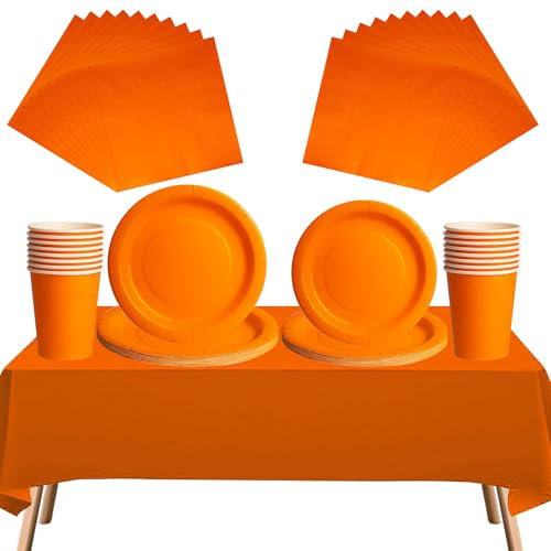 Service de table jetable orange de 69 pièces – 20 serviettes, 16 tasses, 16 assiettes de 17,8 cm et 22,9 cm, 1 nappe orange | Vaisselle biodégradable pour anniversaires, mariages, fêtes de Noël
