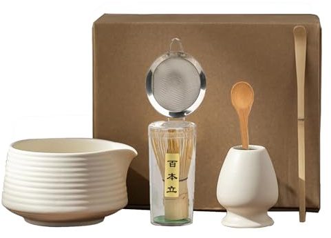 6 Piece Matcha Tea Set Beige Weiß,Matcha Besen Set, with Matcha Whisk, Matcha Broom,Matcha Schale,Matcha Bowl with Spout,Matcha Besen Halter,Bamboo Spoon,Perfect Matcha Starter Set,Japanisches Tee-Set
