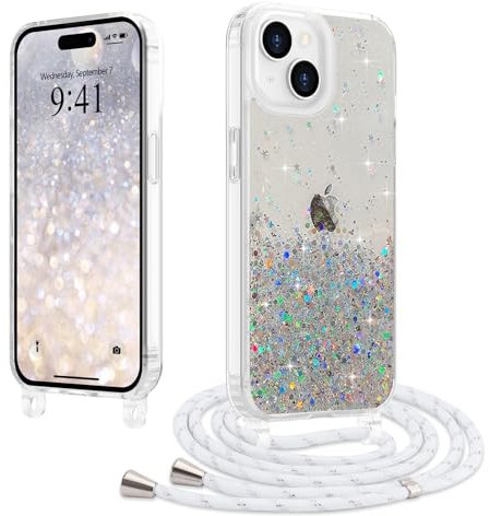 LCHULLE Coque avec Cordon Compatible avec iPhone 15 Coque avec Chaîne Glitter Transparente Antichoc Housse avec Collier Réglable Etui Silicone Case pour iPhone 15 Transparent