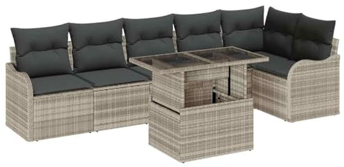 vidaXL 7-teiliges Garten-Sofa-Set mit Kissen. Modular für draußen in Hellgrau. Bequem für Balkon oder Terrasse. Wetterfest und stylische Plätze für 6. Moderne Terrassenmöbel.