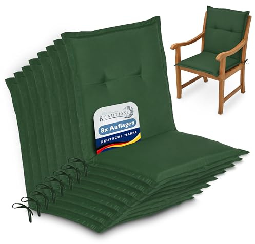 Beautissu 8er Set Niedriglehner Auflage Gartenstuhl Sitzkissen Rückenkissen | 100x50x6cm Dunkelgrün Niederlehner niedrig Stuhlkissen Füllung Kissen Schaumkern Gartenstuhlkissen Sitzauflage Garten Loft NL