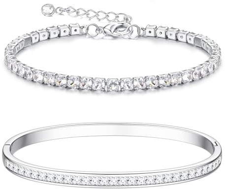 Diamday 2 Stück Armband Damen Gold Silber Armreifen Tennisarmband Edelstahl | 14K Gold Armband Set, Tennisarmband Damen, Verstellbar Armband mit Cubic Zirkonia, Armreif, Schmuck Geschenk für Sie