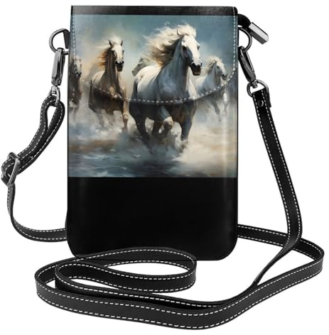 WZYWHJ Pferde laufen wild im Fluss Muster Damen Leder Handytasche Crossbody Paket mit verstellbarem Schultergurt