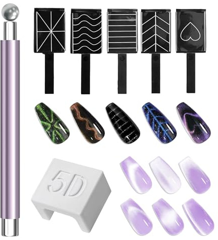Cat Eye Magnet for Nails Set, Double-head Nail Magnet with Round Magnetic Bead, Magnetic Nails Art Pen Tool for 3D Cat Eye Effect Polish, UV Gel Polish (Purple)