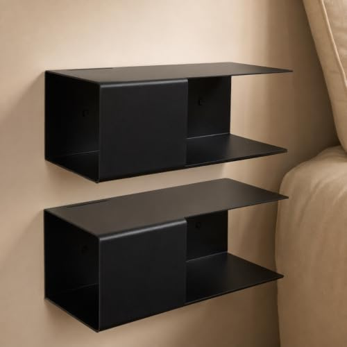 Designfabrik Hamburg Schwebender Nachttisch | 2er-Set Schwarz | aus Metall | Hängender Nachtschrank mit versteckter Ablage und Kabelführung | schmaler Wand Nachttisch fürs Schlafzimmer | Modernes Design